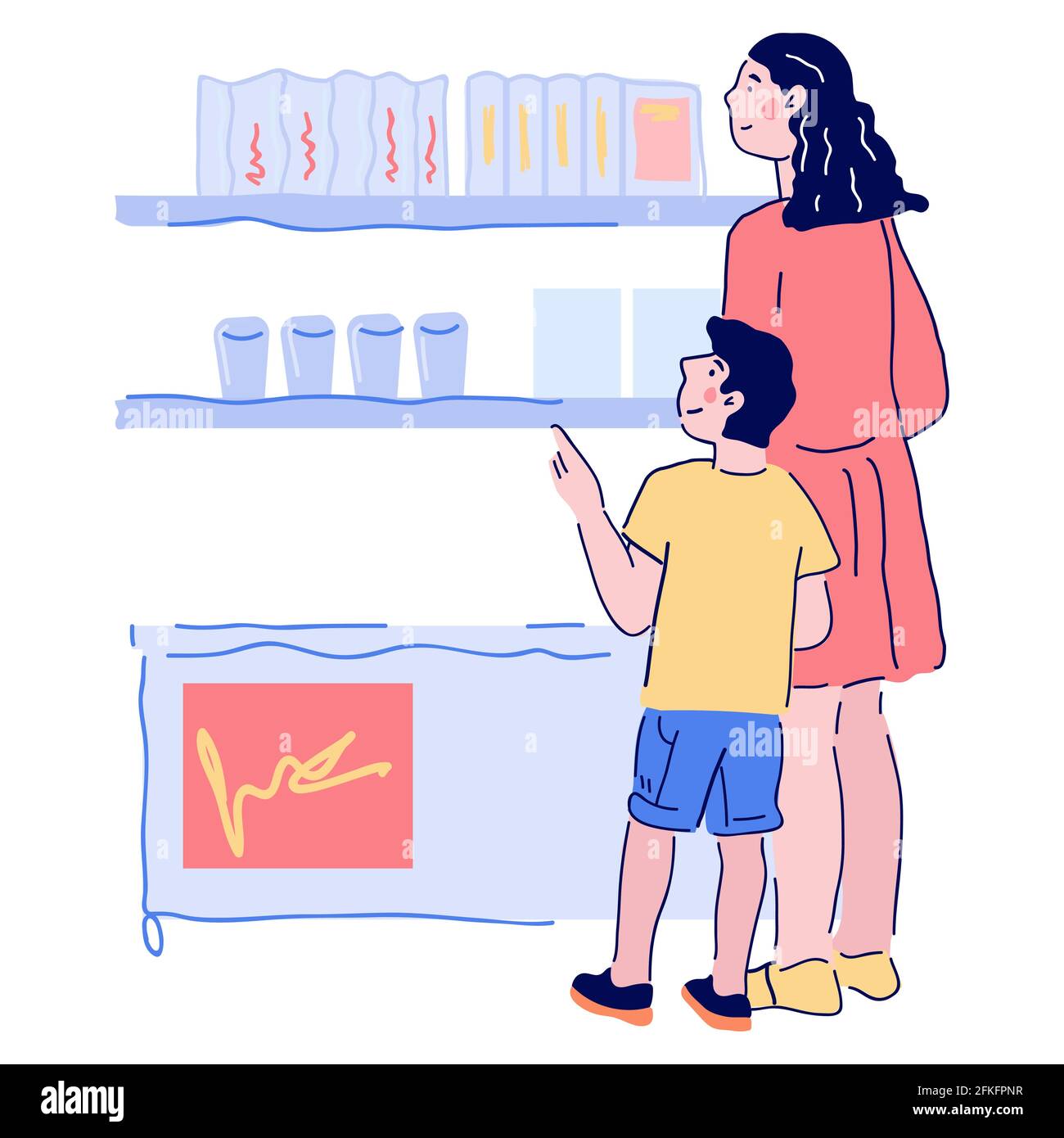 Mother and son shopping in supermarket, cartoon vector illustration  isolated on white background. Woman and child choosing products on  supermarket she Stock Vector Image & Art - Alamy