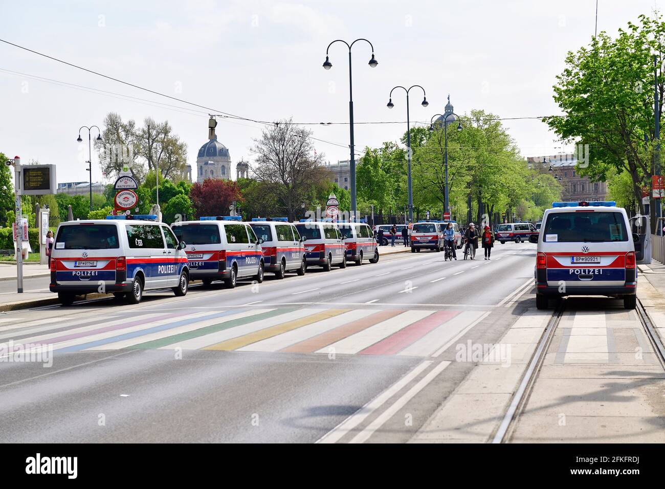 Vienna, Austria. May 1st, 2021. Big demonstration day on May 1st in Vienna. The police are also expecting several unregistered demonstrations and will cordon off several streets in downtown Vienna for safety. Mayday Vienna demonstration. Stock Photo