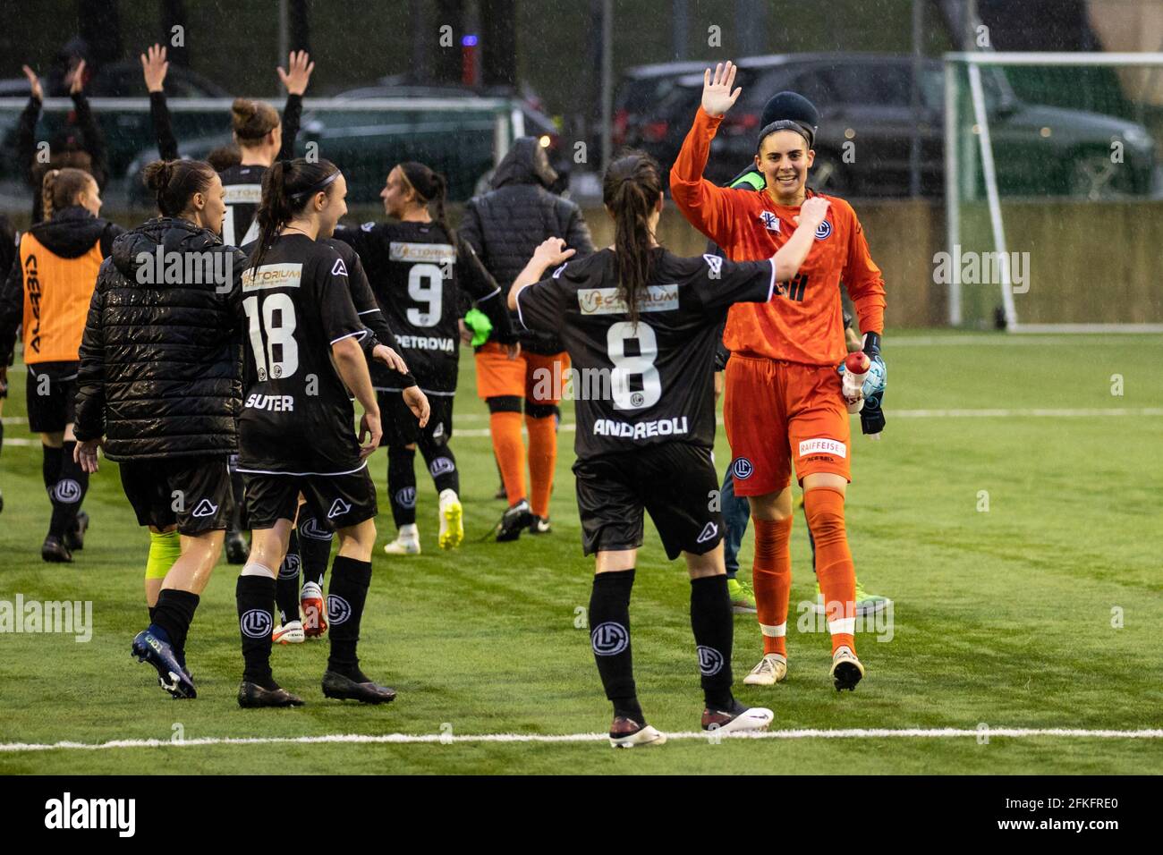 Lugano, Switzerland. 01st May, 2021. May 1st, 2021, Lugano, Stadio Comunale  Cornaredo, AXA Women's Super League: FC Lugano Femminile - FC Luzern, FC  Lugano players let the fans celebrate. In the picture