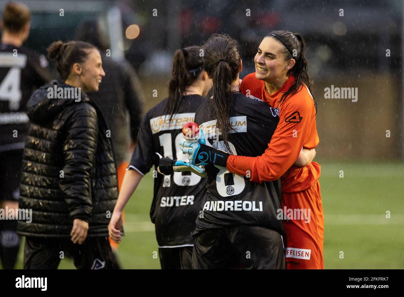 Lugano, Switzerland. 01st May, 2021. May 1st, 2021, Lugano, Stadio Comunale  Cornaredo, AXA Women's Super League: FC Lugano Femminile - FC Luzern, FC  Lugano players let the fans celebrate. In the picture