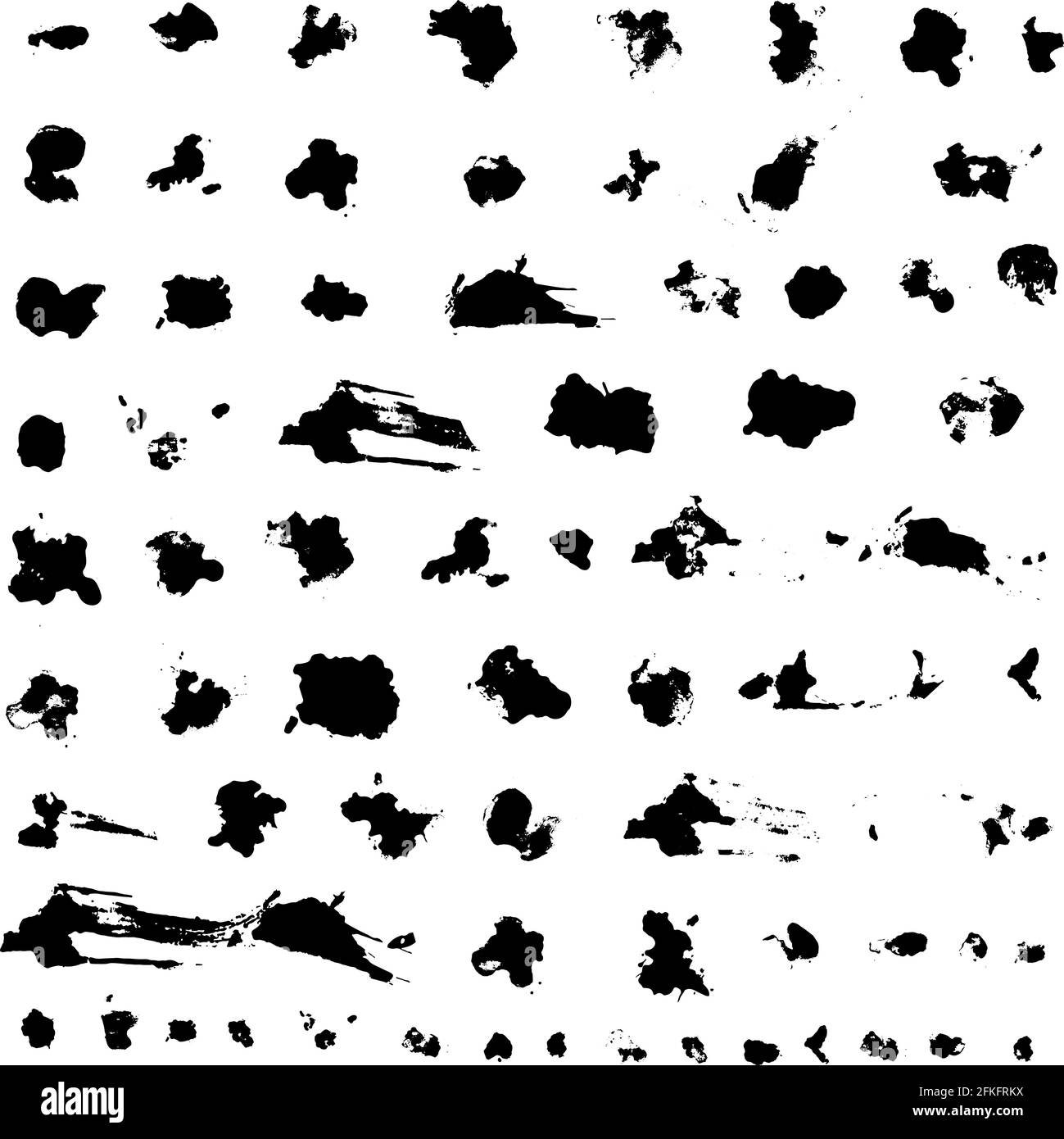 Set of 70 paint stains. High quality black ink splatters isolated on white. Grunge artistic elements of design. Collection of spray liquid and drops. Stock Vector