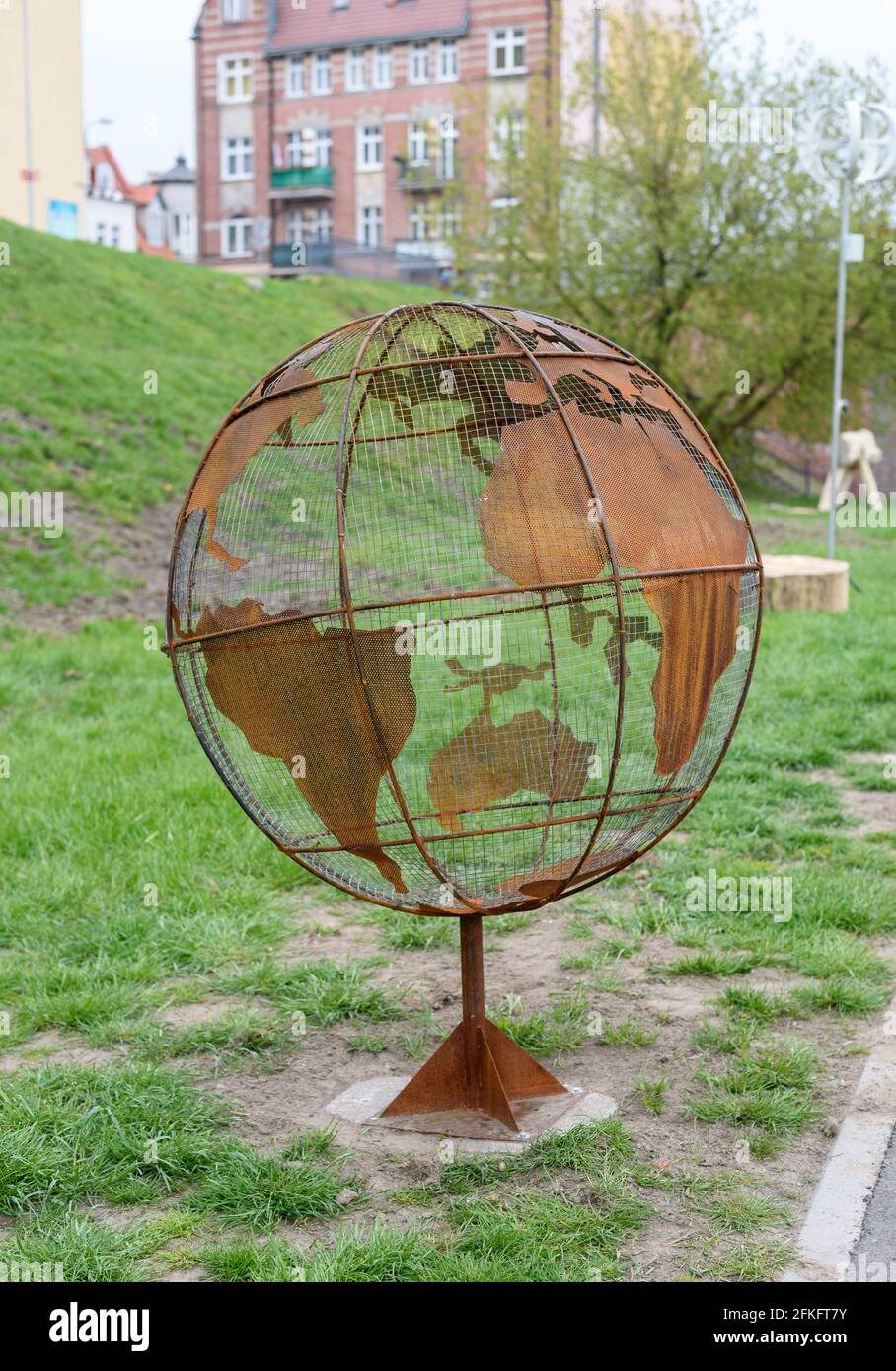Poznan, wielkopolskie, Poland, 01.05.2021:A copper globe with a world map in Poznan, Poland, between ICHOT and Cybina river Stock Photo