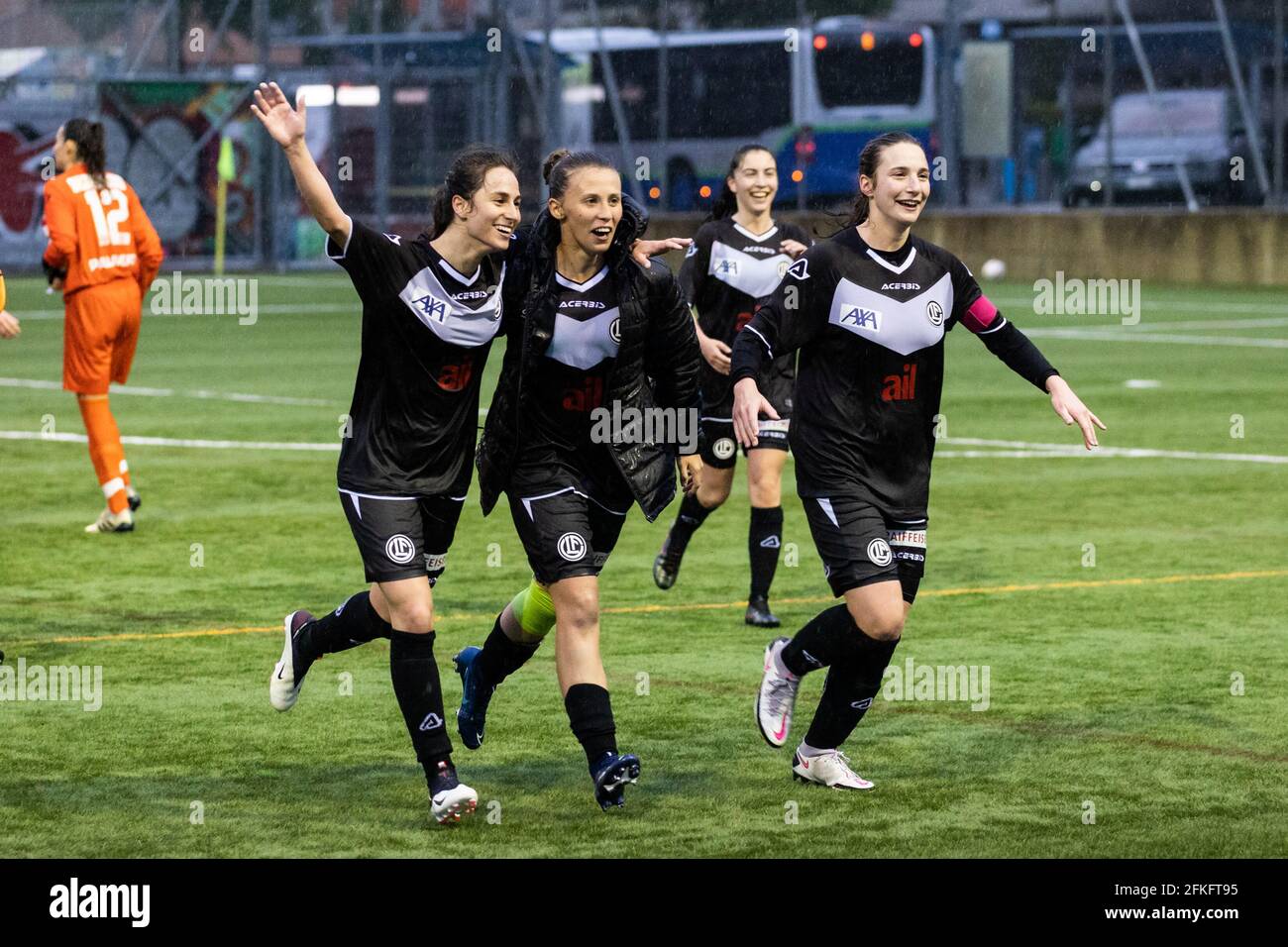 Lugano, Switzerland. 01st May, 2021. May 1st, 2021, Lugano, Stadio Comunale  Cornaredo, AXA Women's Super League: FC Lugano Femminile - FC Luzern, FC  Lugano players let the fans celebrate. In the picture from left: Erika  Vigano, Mathilda Andreoli