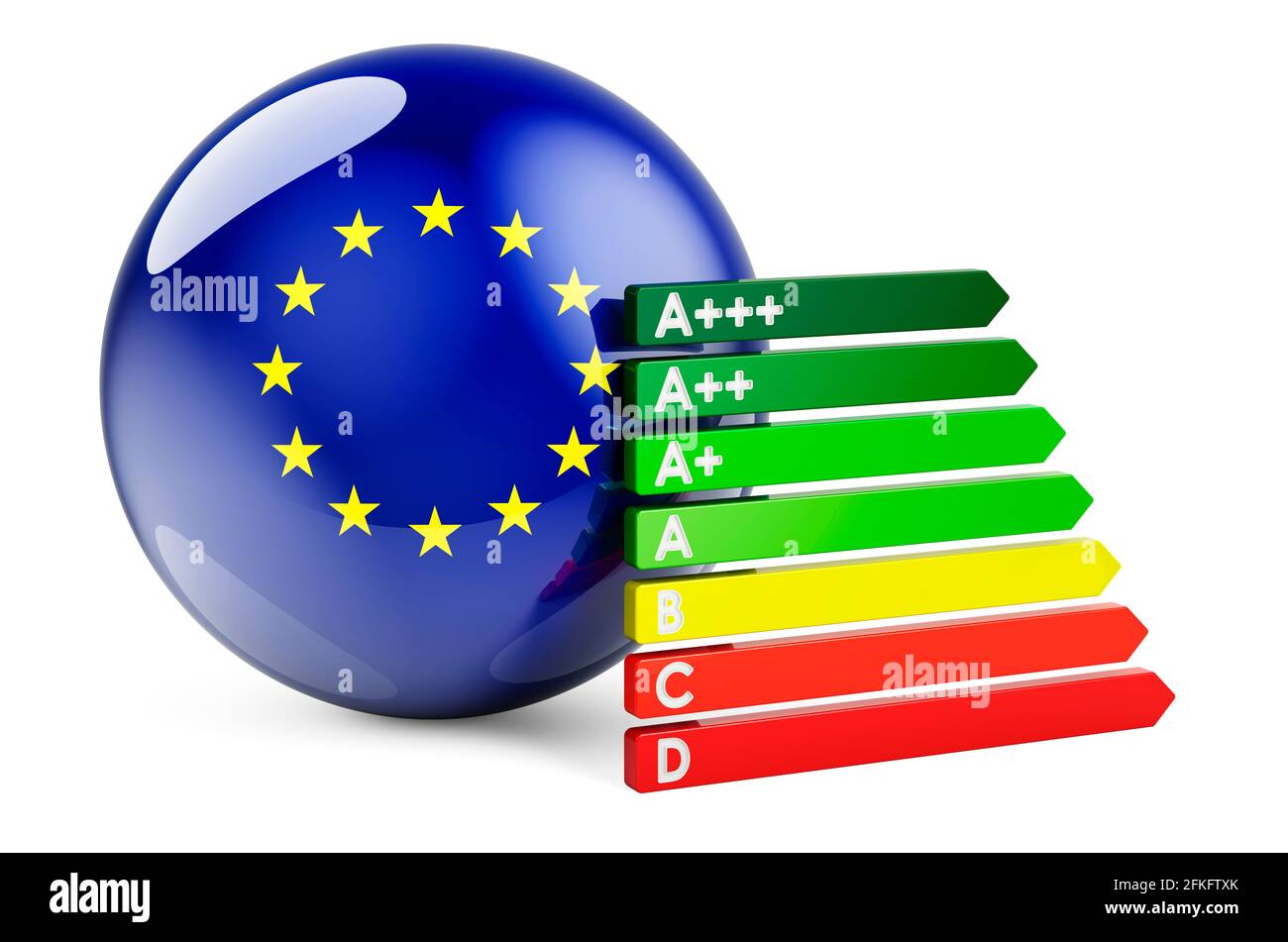 The EU flag with energy efficiency rating. Performance certificates in the European Union concept. 3D rendering isolated on white background Stock Photo