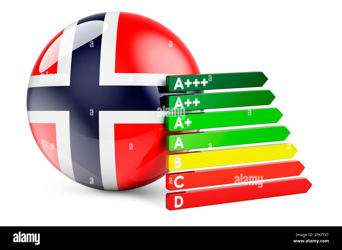 Norwegian flag with energy efficiency rating. Performance certificates in Norway concept. 3D rendering isolated on white background Stock Photo