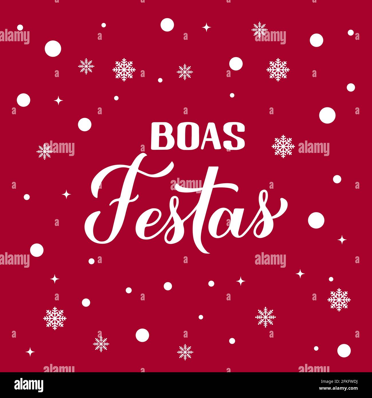 Boas Festas calligraphy on red background with snow. Happy Holidays
