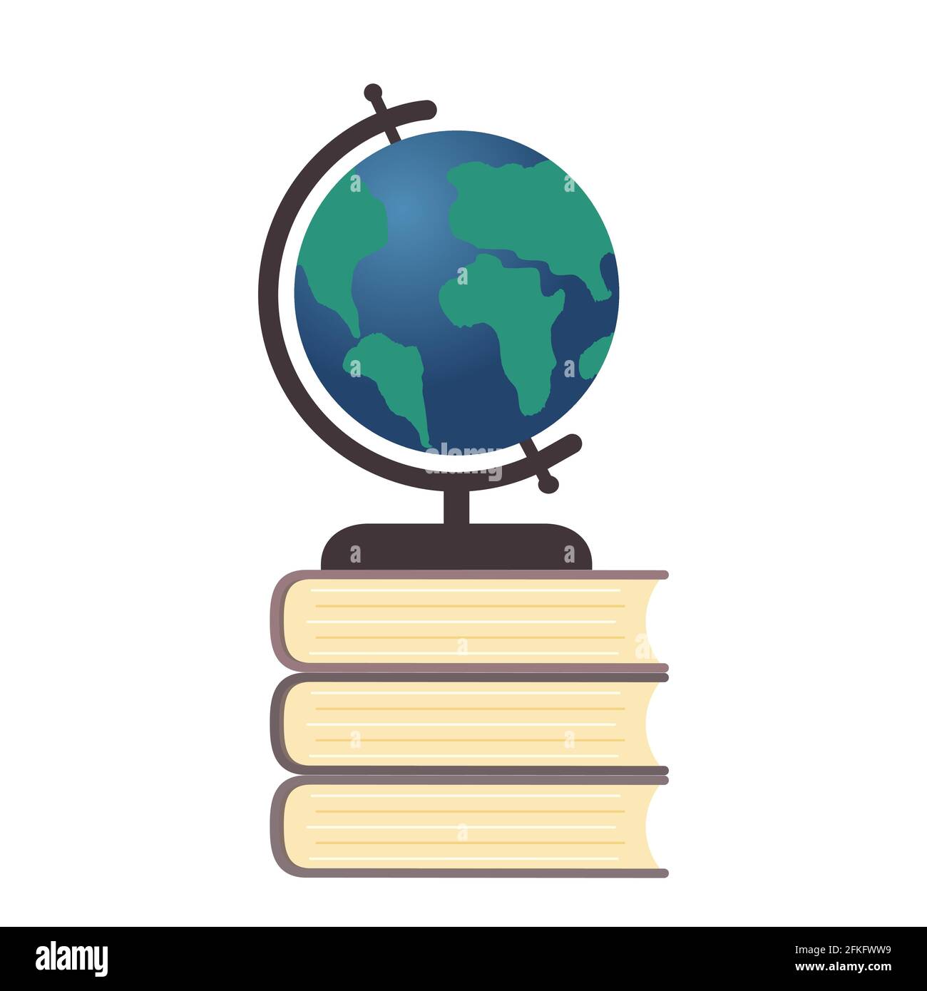 Globe on a stack of books. Flat vector illustration. Workplace of the ...