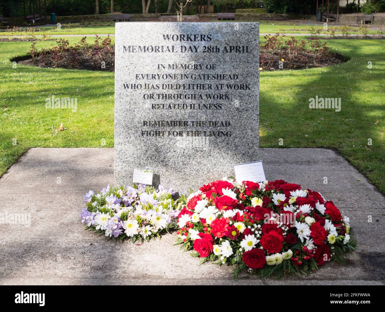 Workers memorial stone 28th April in Saltwell Park, Gateshead, north east England, UK Stock Photo