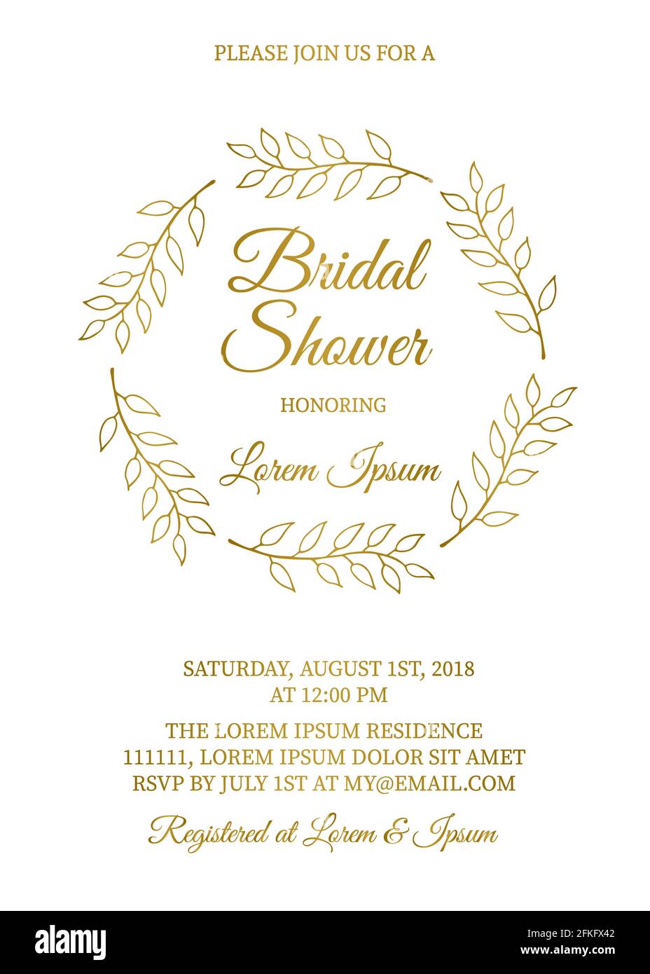 Gold bridal shower invitation card with hand drawn wreath of leaves