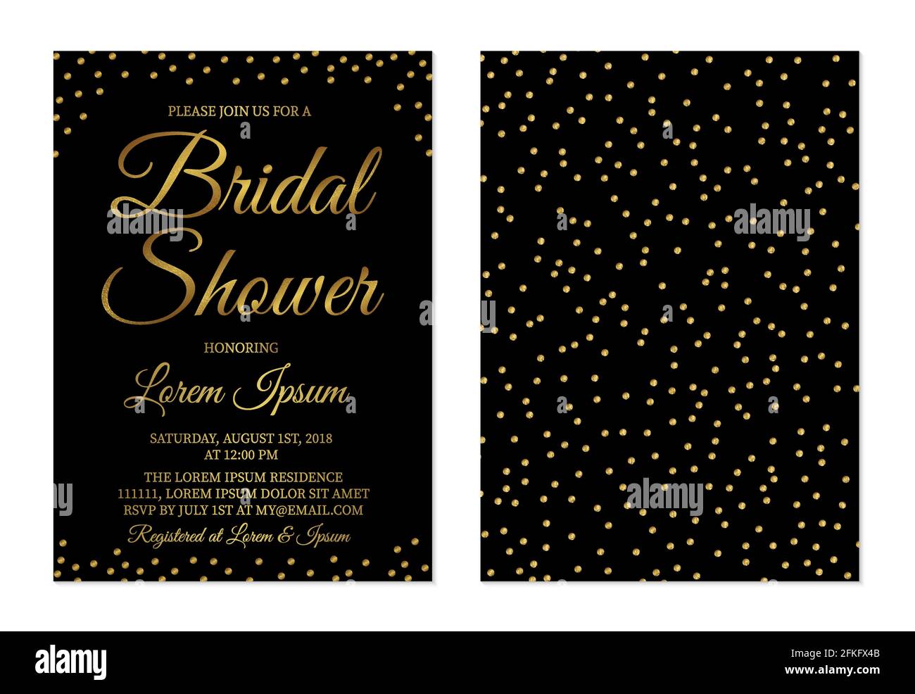 Gold confetti bridal shower invitation card front and back side. Wedding  stationery. Golden glittering polka dots bridal or bachelorette party invite  Stock Vector Image \u0026 Art - Alamy, image size:1300x986