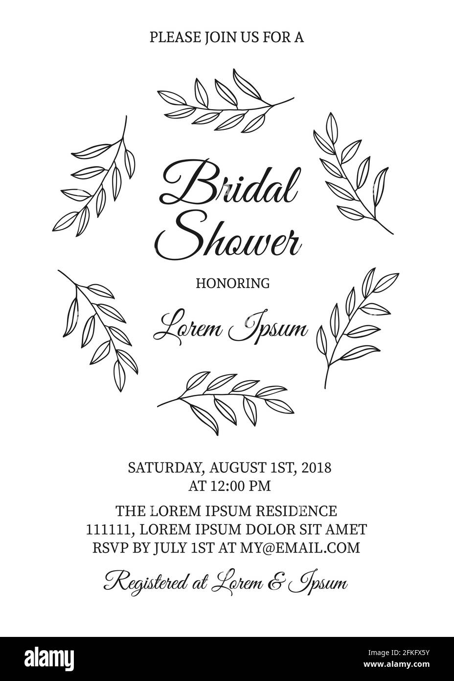 Bridal shower invitation card with hand drawn wreath of leaves. Vintage
