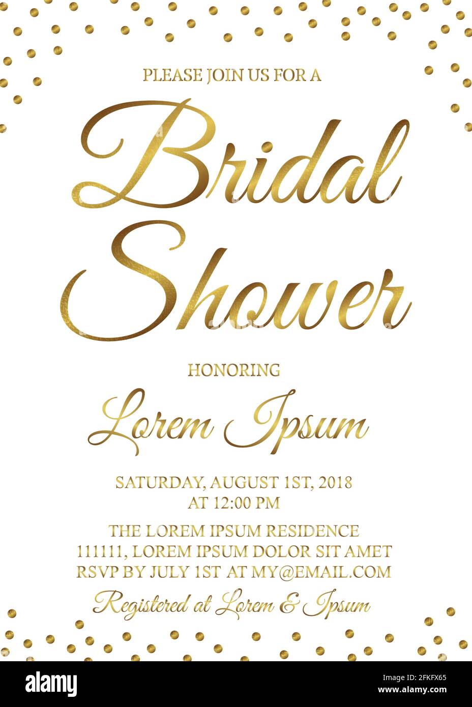 Gold confetti bridal shower invitation card. Golden glittering polka