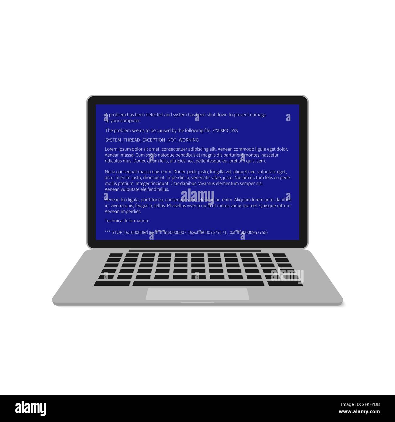 Laptop with blue screen of death BSOD . System crash report. Fatal error of software or hardware. Broken computer vector illustration. Easy to edit te Stock Vector