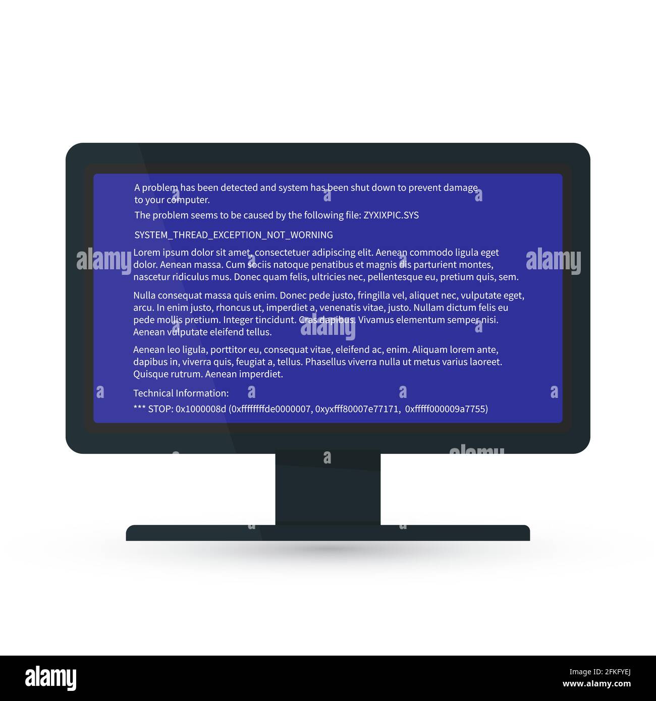 Desktop monitor with blue screen of death BSOD . System crash report. Fatal error of software or hardware. Broken computer vector illustration. Easy t Stock Vector