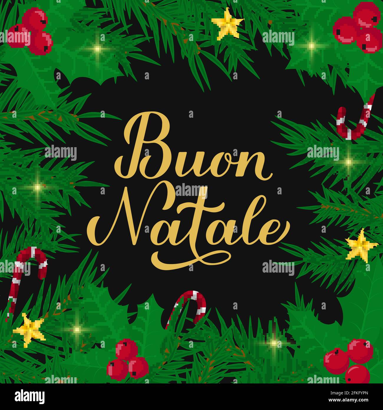 Buon Natale calligraphy hand lettering with fir tree branches. Merry Christmas typography poster in Italian. Easy to edit vector template for greeting Stock Vector