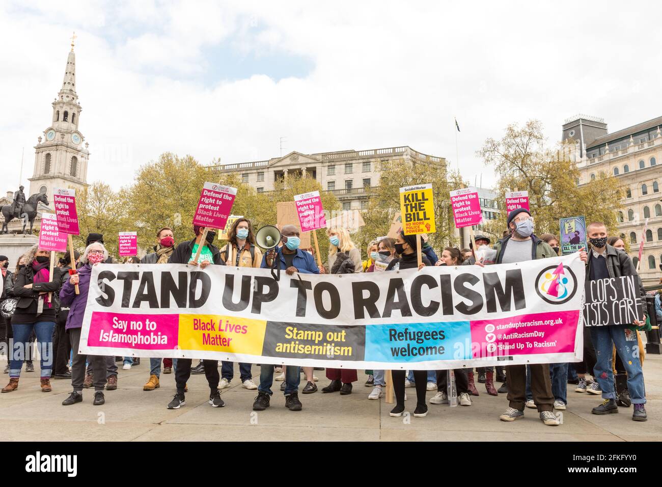 London, UK. 01st May, 2021. Anti-Racism activists held up a banner in Trafalgar Square, London, during the 'Kill the Bill' protests, fighting against police brutality, defending the right of protests against the Policing and Crime Bill. (Photo by Belinda Jiao/SOPA Images/Sipa USA) Credit: Sipa USA/Alamy Live News Stock Photo