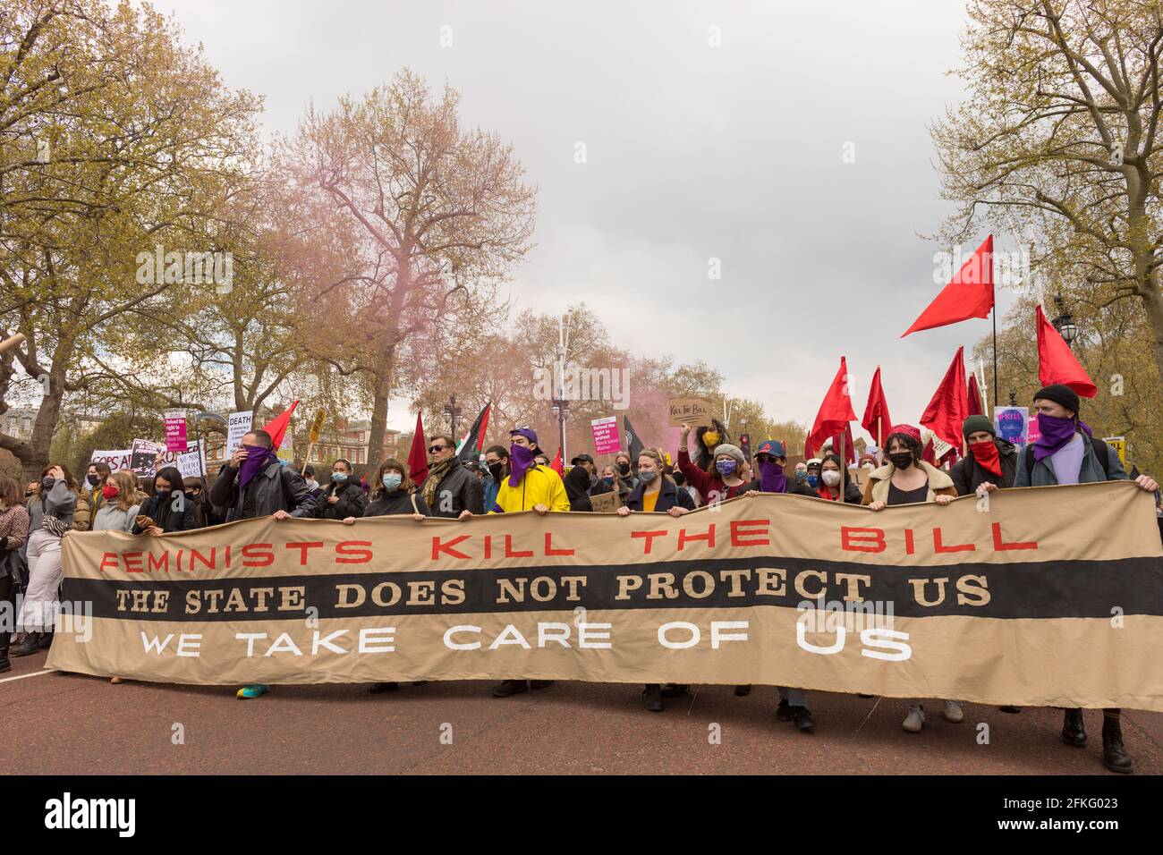 Feminism organizations taking part in the 'Kill the Bill' protests, calling against the Policing and Crime Bill, in St. James's Park. (Photo by Belinda Jiao / SOPA Images/Sipa USA) Stock Photo