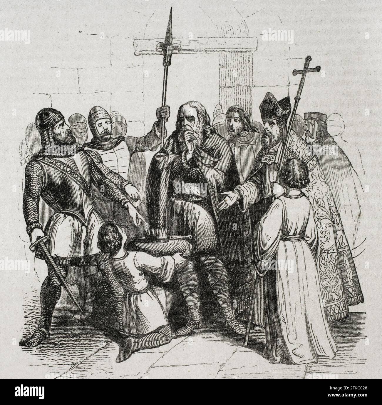 Wamba (c. 630-688). Visigoth king of Hispania (672-680). Coronation of King Wamba in Toledo, who was anointed by Bishop Quiricus on 20 September 672. Illustration by Vallejo. Engraving by Capuz. Historia General de España by Father Mariana, Madrid, 1852. Stock Photo