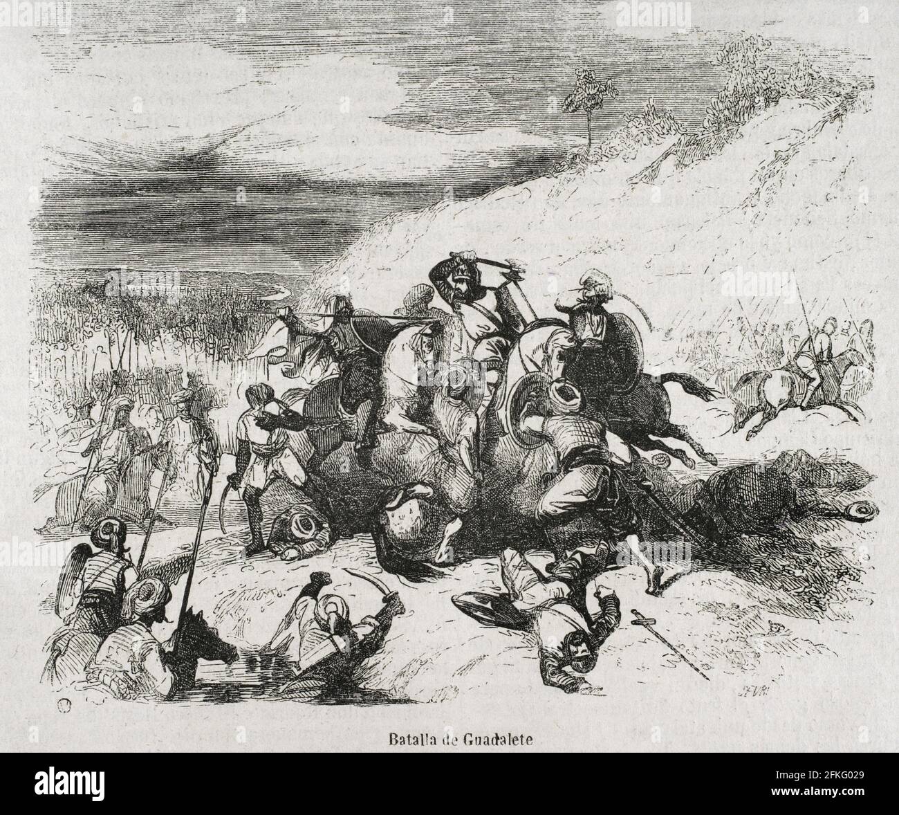 Battle of Guadalete (July 19-26, 711). The Visigoth king Roderick was defeated by the Muslim Umayyad Caliphate led by Tariq ibn Ziyad. Engraving. Historia General de España by Father Mariana. Madrid, 1852. Stock Photo