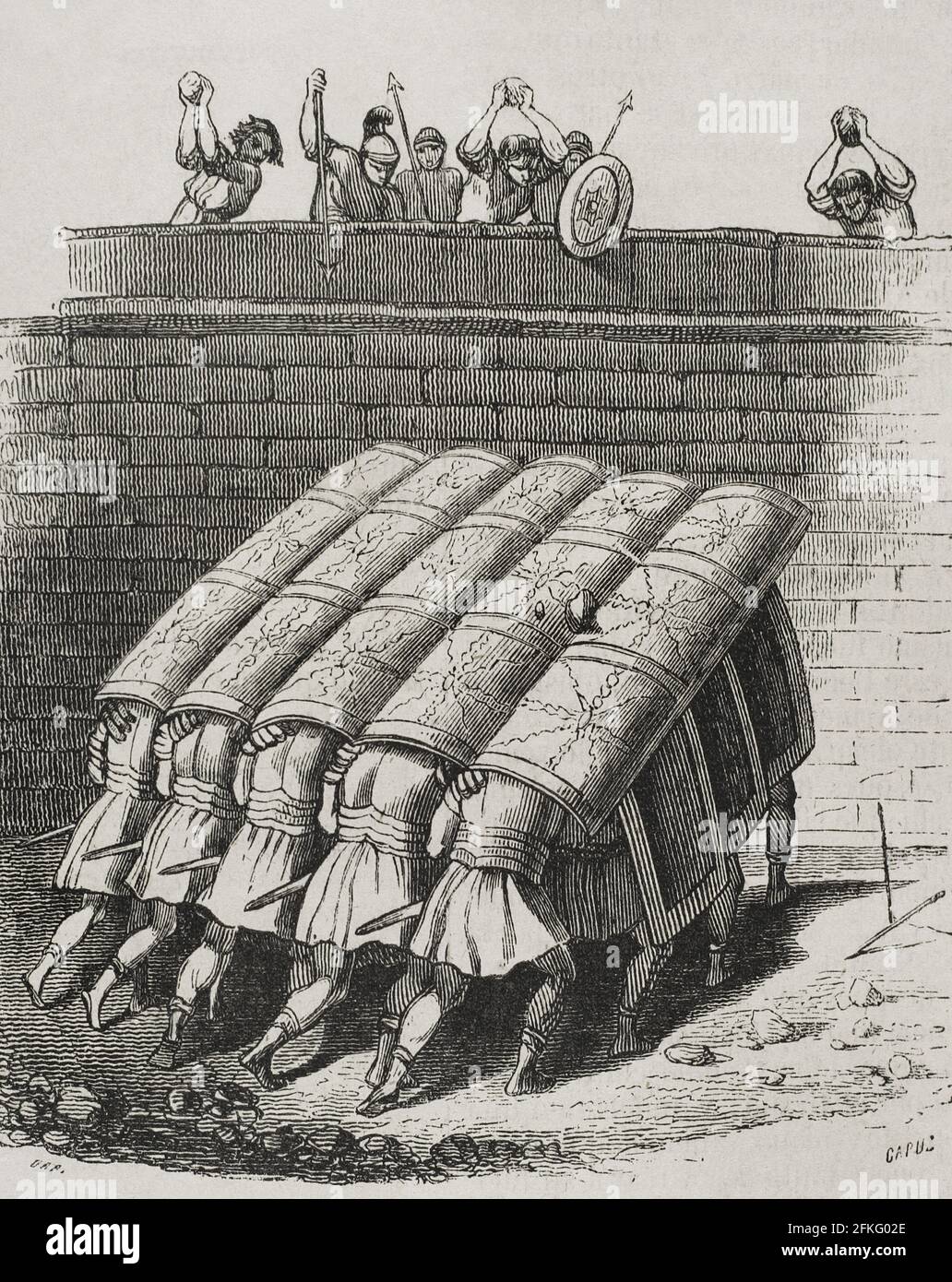 Roman Empire. Roman legions in the testudo or tortoise formation. Engraving by Capuz. Historia General de España by Father Mariana. Madrid, 1852. Stock Photo