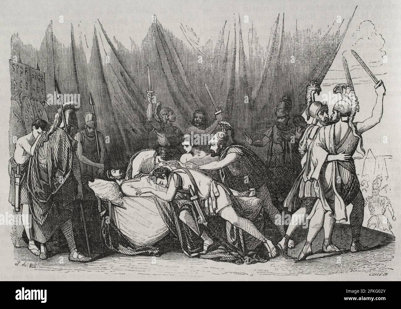 Viriathus (d. 139 BC). Leader of the Lusitanian people who fought against Roman expansion in Hispania in the mid-2nd century BC. Death of Viriathus. Engraving by Vallejo. Historia General de España by Father Mariana. Madrid, 1852. Stock Photo
