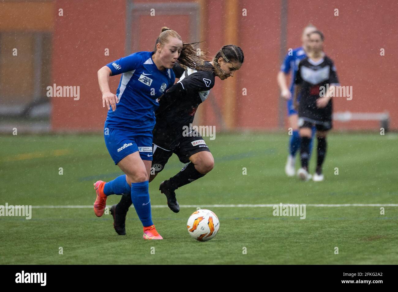 Lugano, Switzerland. 01st May, 2021. May 1st, 2021, Lugano, Stadio Comunale  Cornaredo, AXA Women's Super League: FC Lugano Femminile - FC Luzern, FC  Lugano players let the fans celebrate. In the picture from left: Erika  Vigano, Mathilda Andreoli