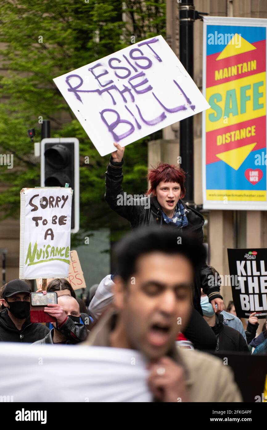 Manchester UK, 1st May 2021, Kill the Bill. Protest began in St Peter’s square Manchester. Protesters are rallying against government legislation aimed at curtailing disruptive protests in the UK.  Picture Credit : garyroberts Stock Photo