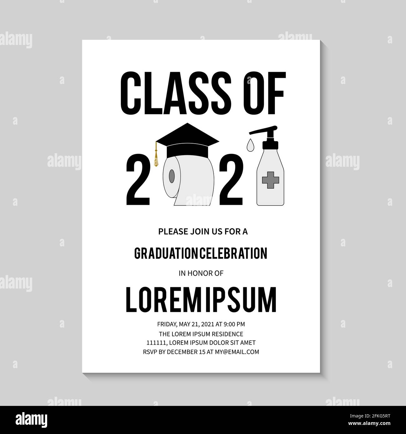 Graduation Ceremony Class of 2021 invitation card with toilet paper