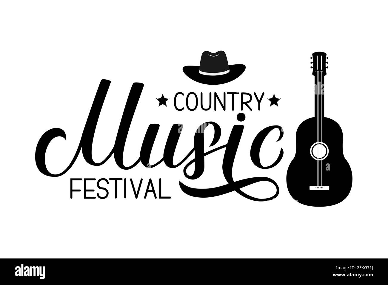 Country Music festival lettering with hat and guitar isolated on white. Acoustic guitar musical show typography poster. Easy to edit vector template f Stock Vector