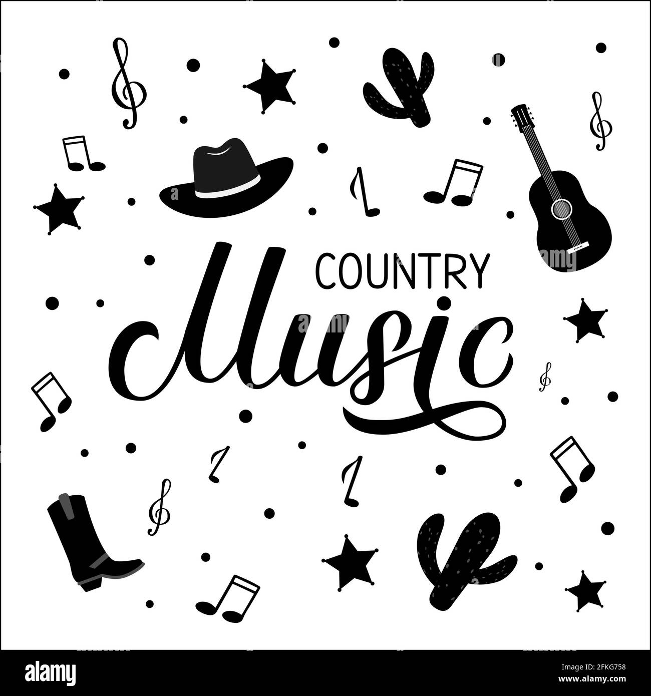 Country Music lettering with hat, notes and guitar isolated on white. Acoustic guitar musical show typography poster. Easy to edit vector template for Stock Vector