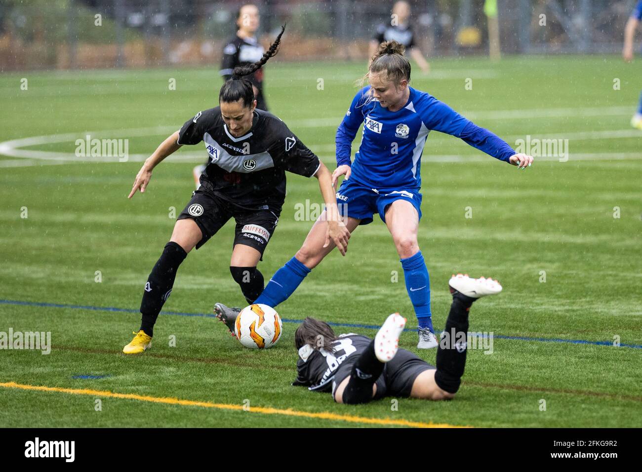 Lugano, Switzerland. 01st May, 2021. May 1st, 2021, Lugano, Stadio Comunale  Cornaredo, AXA Women's Super League: FC Lugano Femminile - FC Luzern, FC  Lugano players let the fans celebrate. In the picture from left: Erika  Vigano, Mathilda Andreoli