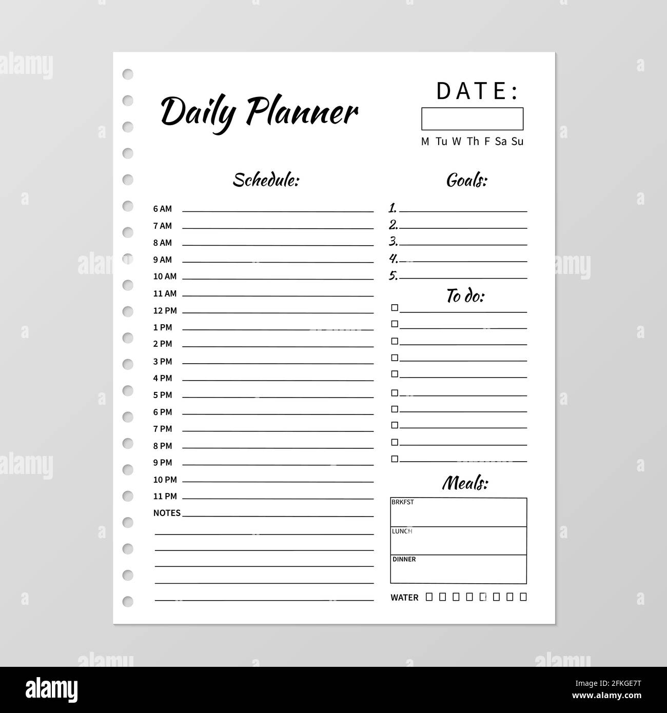 Minimalist daily planner template. Blank white notebook page isolated