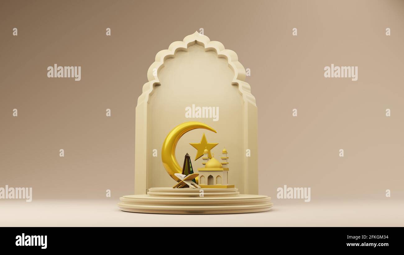Crescent moon and stars golden with Mosque Islamic symbol 3D rendering ...