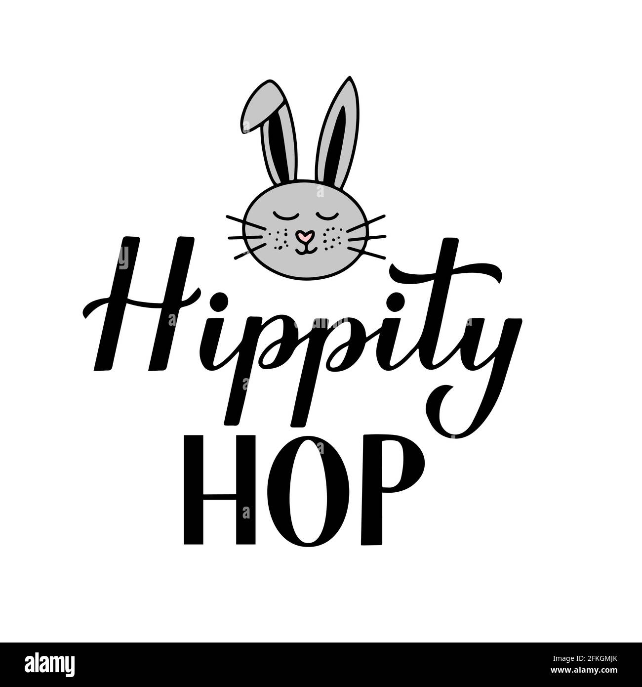 Hippity hop. Funny Easter quote calligraphy lettering with cute hand drawn bunny isolated on white. Vector template for typography poster, greeting ca Stock Vector