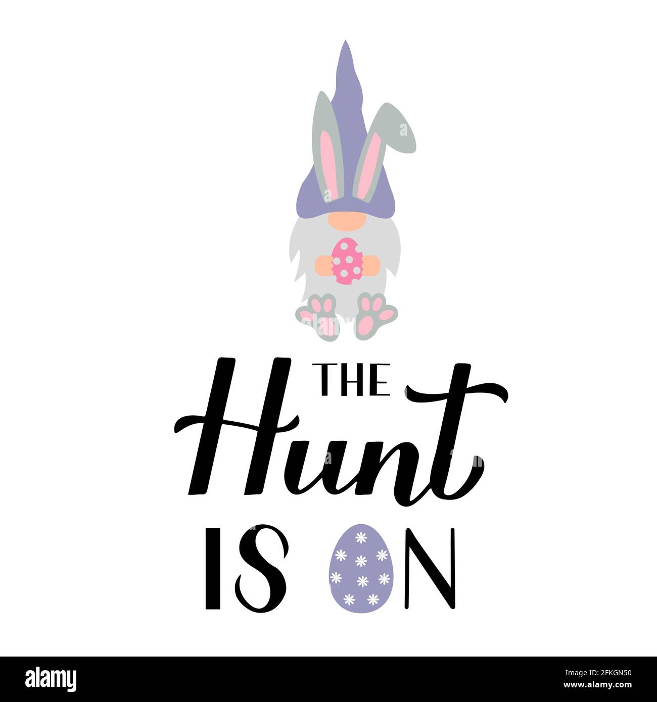 The hunt is on calligraphy hand lettering with cute gnome bunny holding ...