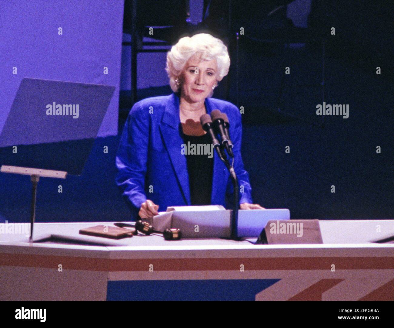 Oscar Award-winning actress Olympia Dukakis, makes remarks supporting her cousin, Governor Michael Dukakis (Democrat of Massachusetts), the 1988 Democratic Party nominee for President of the United States, at the 1988 Democratic National Convention in the Omni Coliseum in Atlanta, Georgia on July 21, 1988.Credit: Arnie Sachs/CNP | usage worldwide Stock Photo