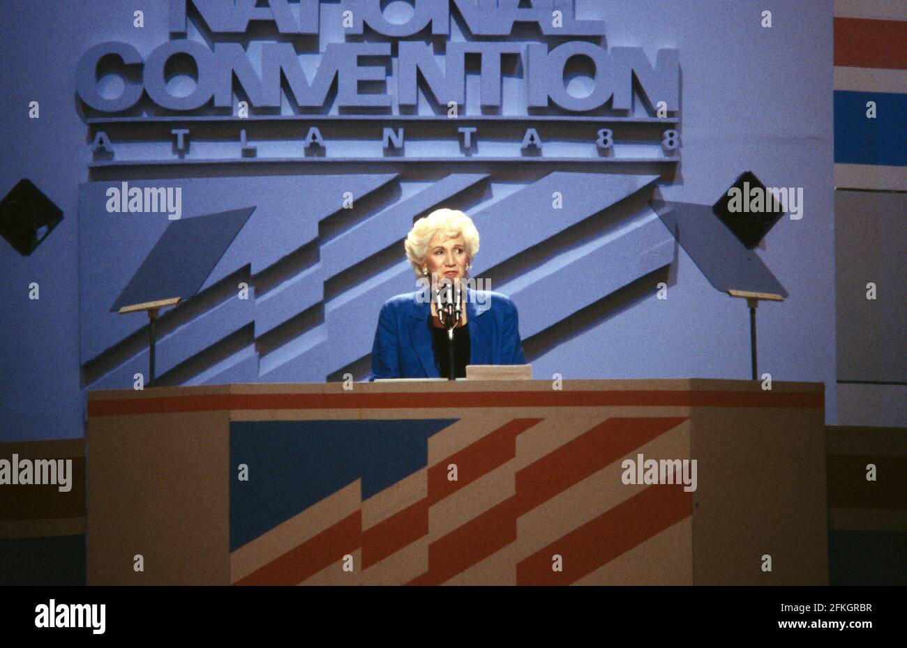 Oscar Award-winning actress Olympia Dukakis, makes remarks supporting her cousin, Governor Michael Dukakis (Democrat of Massachusetts), the 1988 Democratic Party nominee for President of the United States, at the 1988 Democratic National Convention in the Omni Coliseum in Atlanta, Georgia on July 21, 1988.Credit: Howard L. Sachs/CNP | usage worldwide Stock Photo