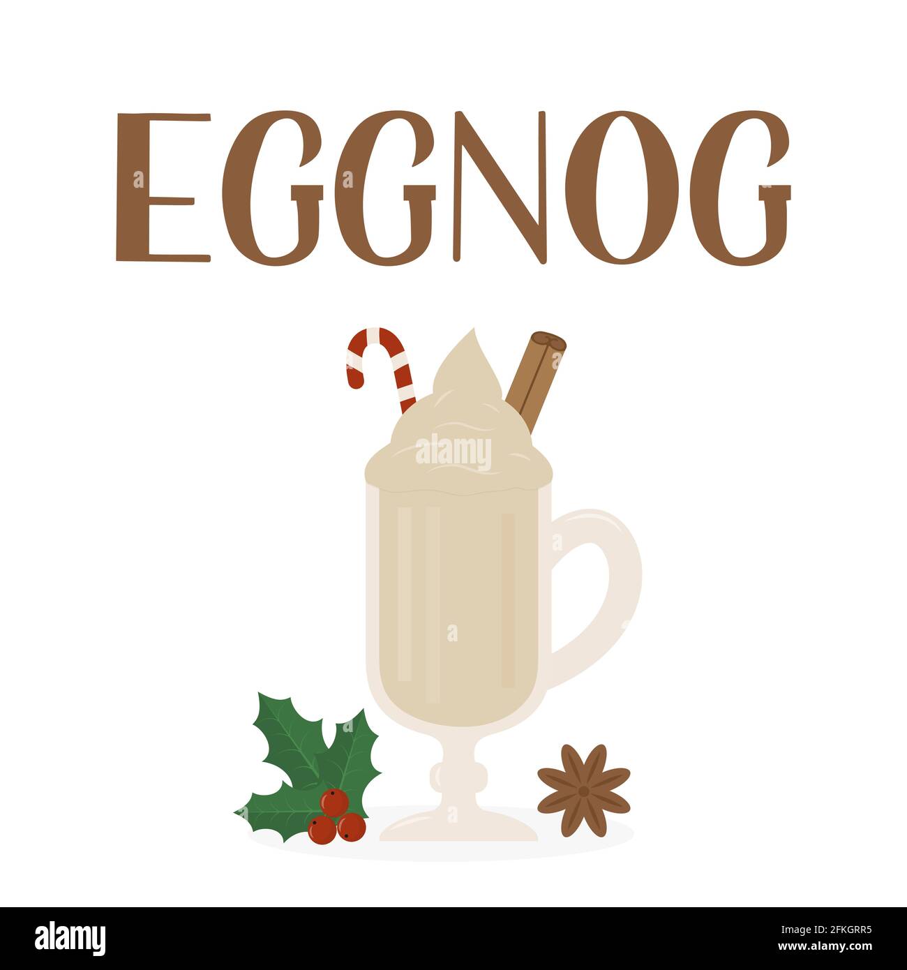 Eggnog hand lettering and glass of traditional Christmas drink isolated