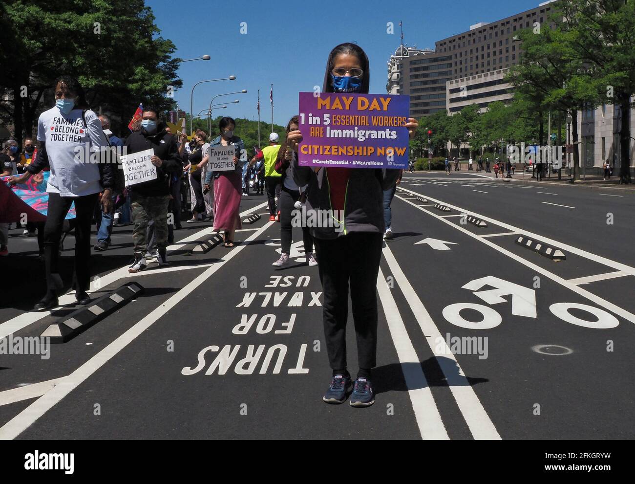 Washington, District of Columbia, USA. 1st May, 2021. May Day, or May 1, is celebrated as International WorkersÃ Day. Immigrant communities and their allies from around the United States came to Washington, DC to march for immigrant justice. With signs and chants, they called on the Biden administration and Congress to deliver immigration reform, stop deportations, create a pathway to citizenship for the DACA recipients, TPS holders, and all 11 million undocumented folks. Credit: Sue Dorfman/ZUMA Wire/Alamy Live News Stock Photo