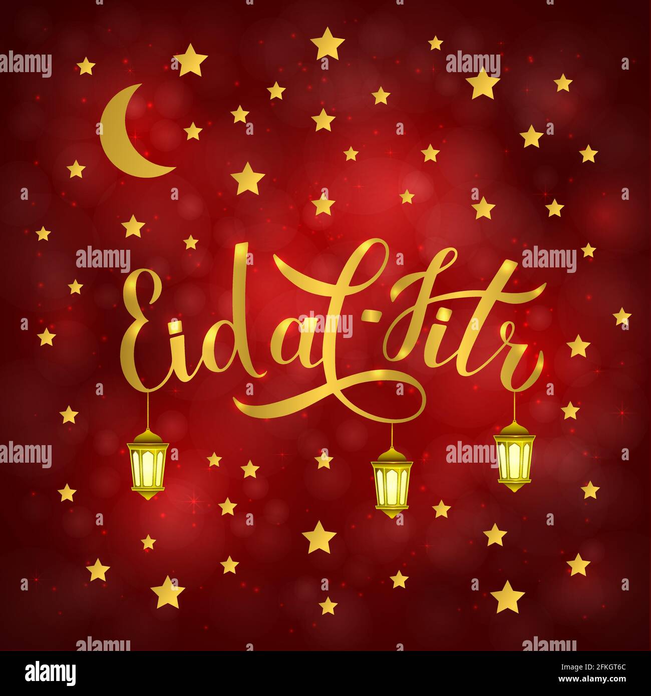 Eid alFitr calligraphy lettering with lanterns on red background