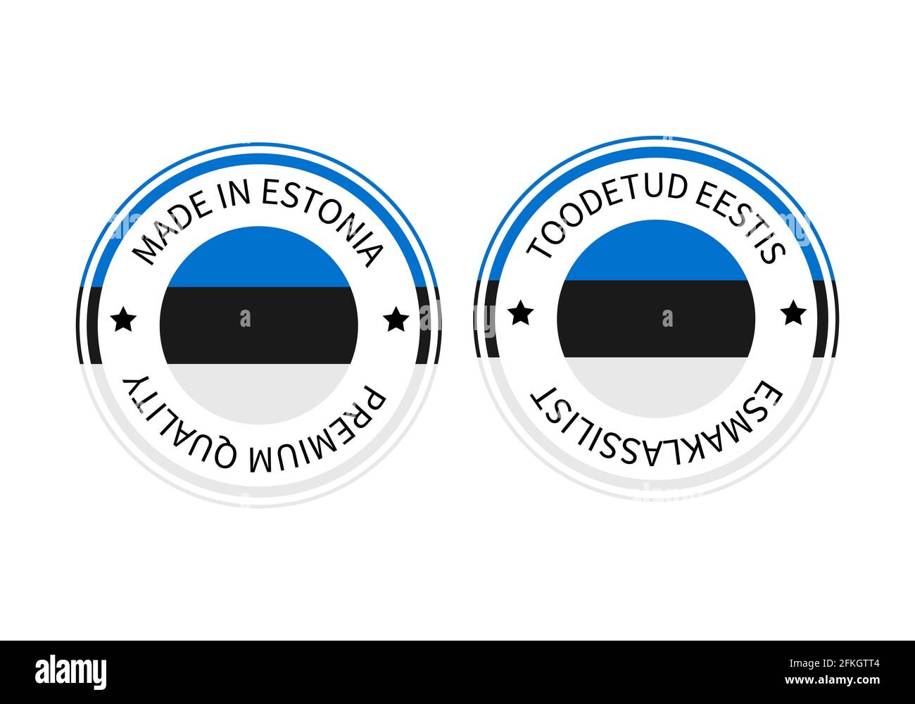 Made in Estonia round labels in English and in Estonian languages ...