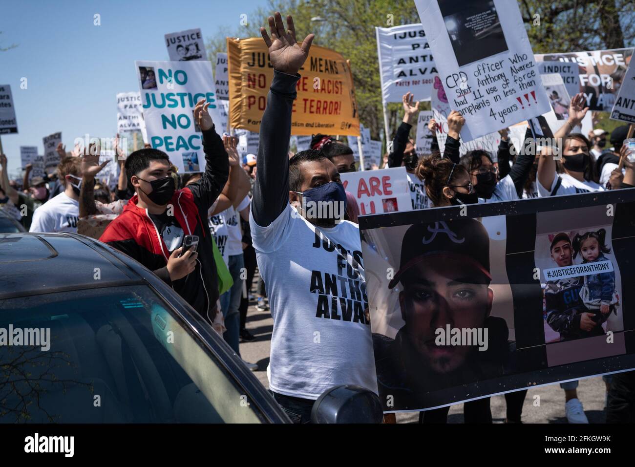 USA. 01st May, 2021. Family and supporters of 22-year-old Anthony Alvarez,  who was fatally shot by Chicago police officer Evan Solano, march in the  Portage Park neighborhood seeking justice for Alvarez in
