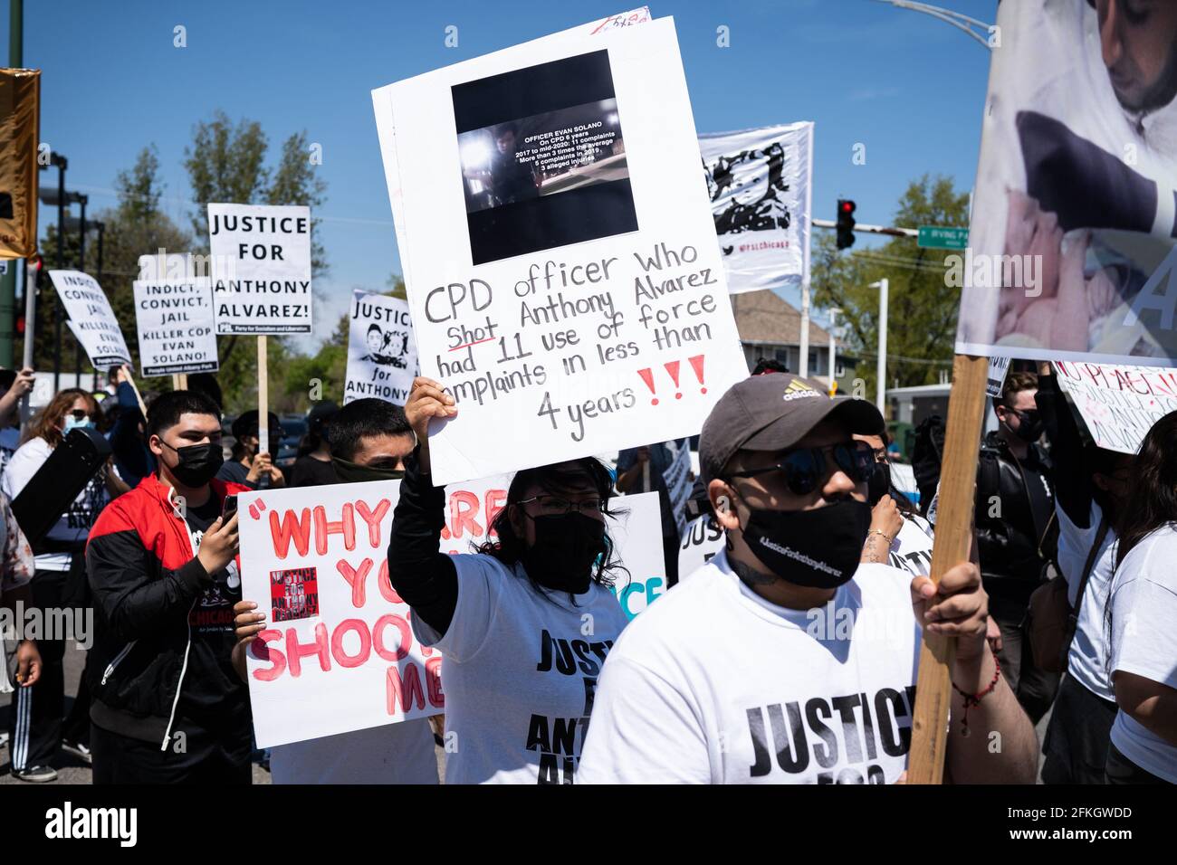 USA. 01st May, 2021. Family and supporters of 22-year-old Anthony Alvarez,  who was fatally shot by Chicago police officer Evan Solano, march in the  Portage Park neighborhood seeking justice for Alvarez in