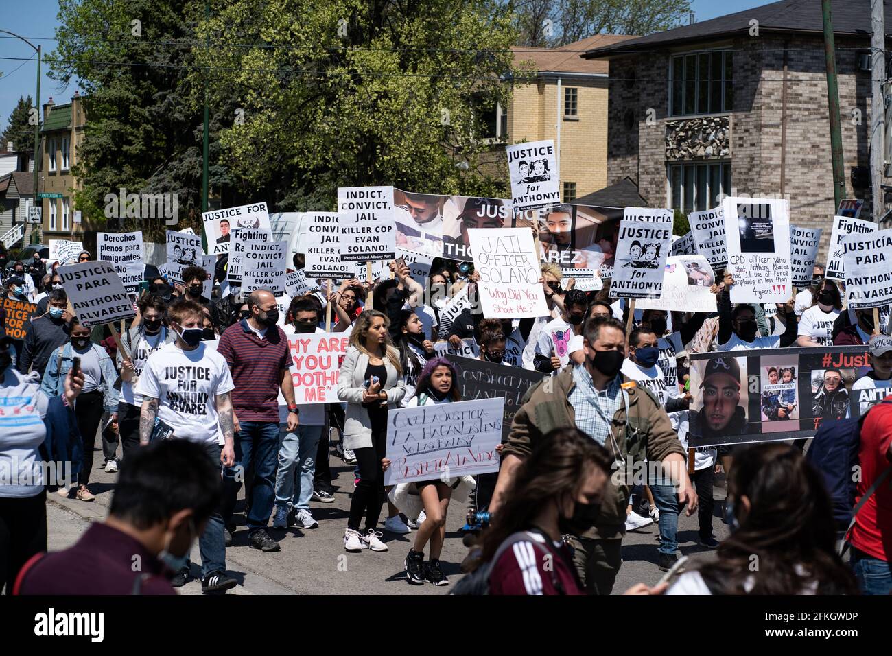 USA. 01st May, 2021. Family and supporters of 22-year-old Anthony Alvarez,  who was fatally shot by Chicago police officer Evan Solano, march in the  Portage Park neighborhood seeking justice for Alvarez in
