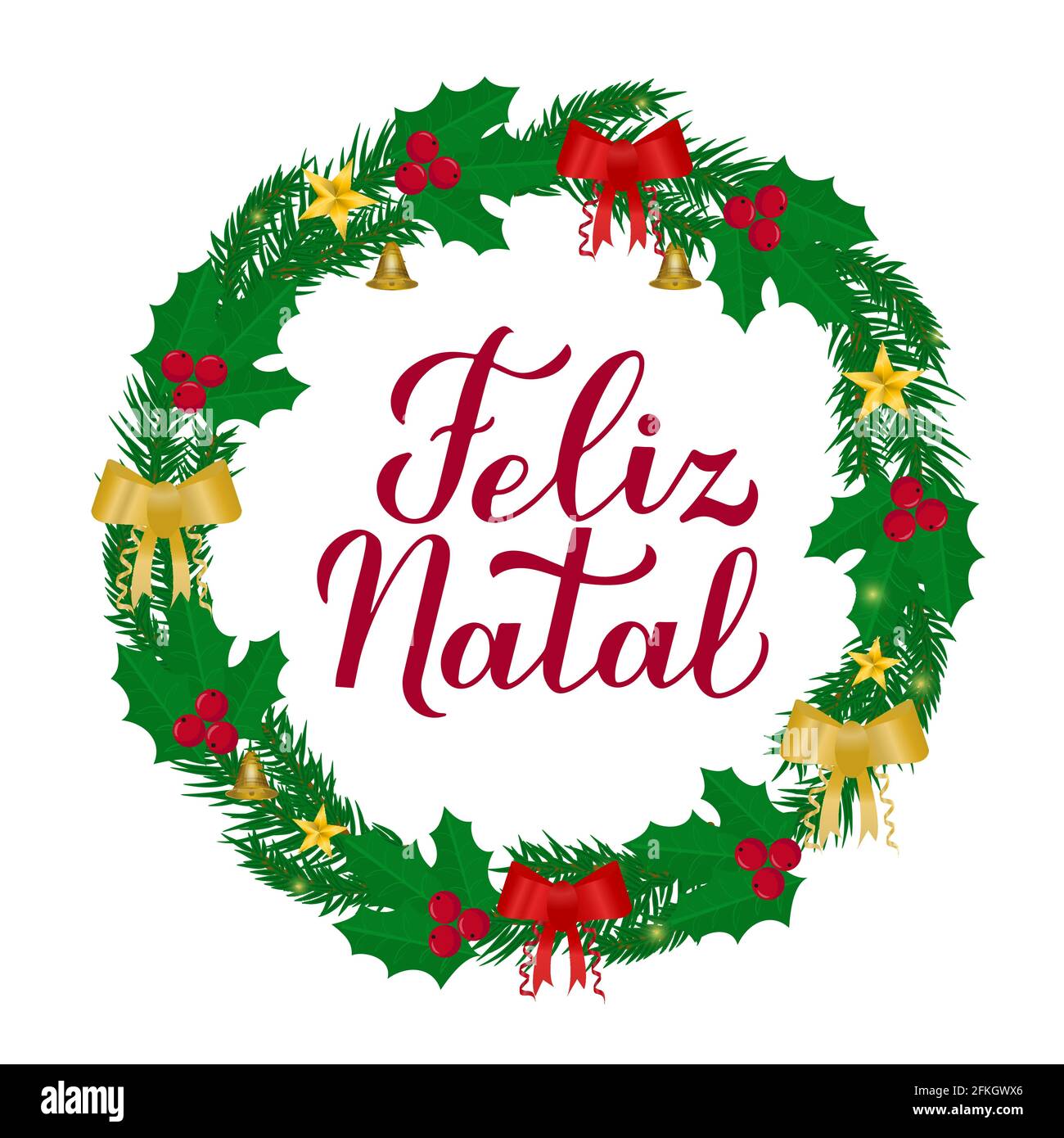 Feliz Natal calligraphy hand lettering with wreath of fir tree branches. Merry Christmas typography poster in Portuguese. Vector template for greeting Stock Vector