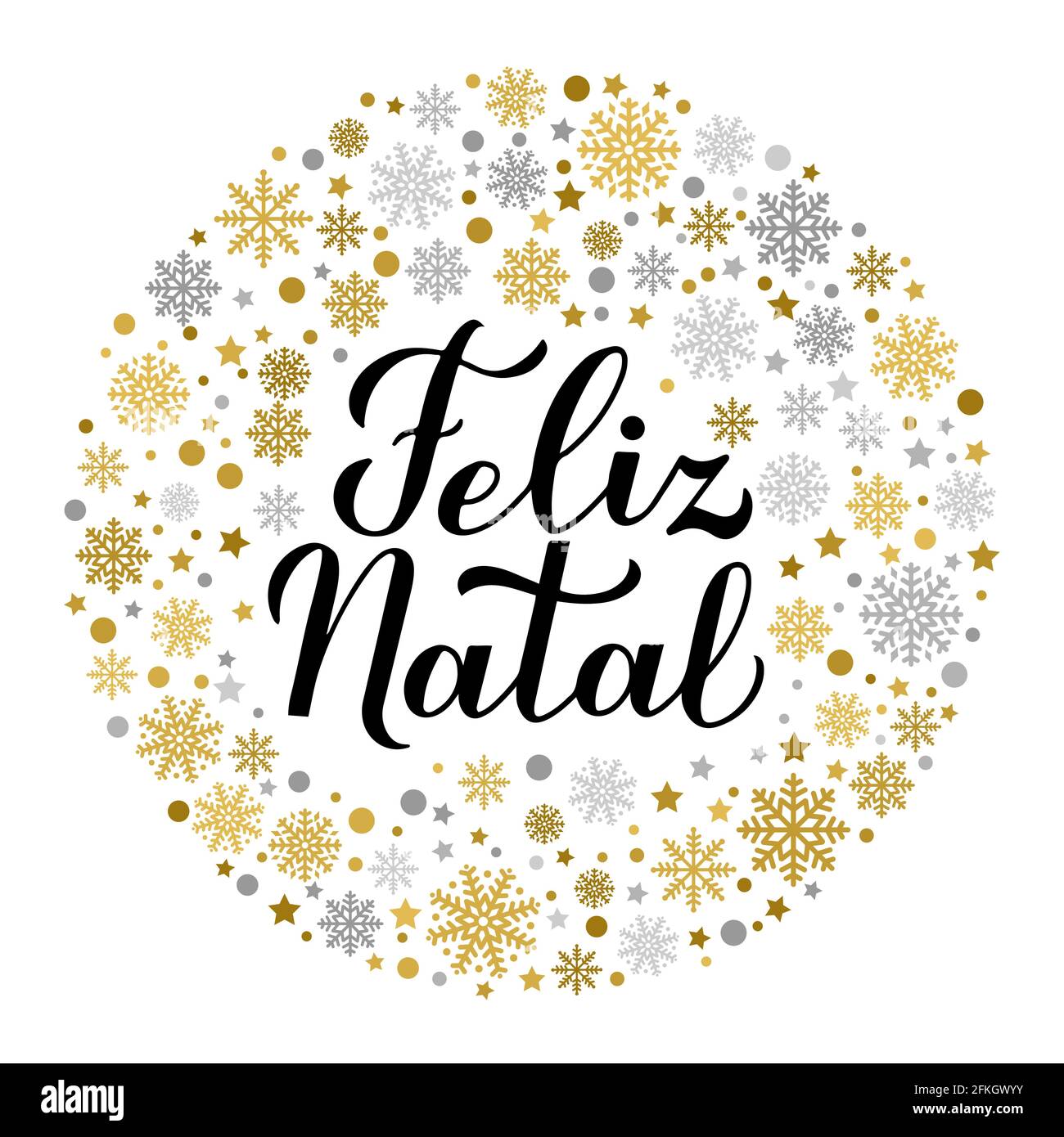 Feliz Natal Calligraphy Hand Lettering With Gold And Silver Snowflakes Stars And Dots Merry 