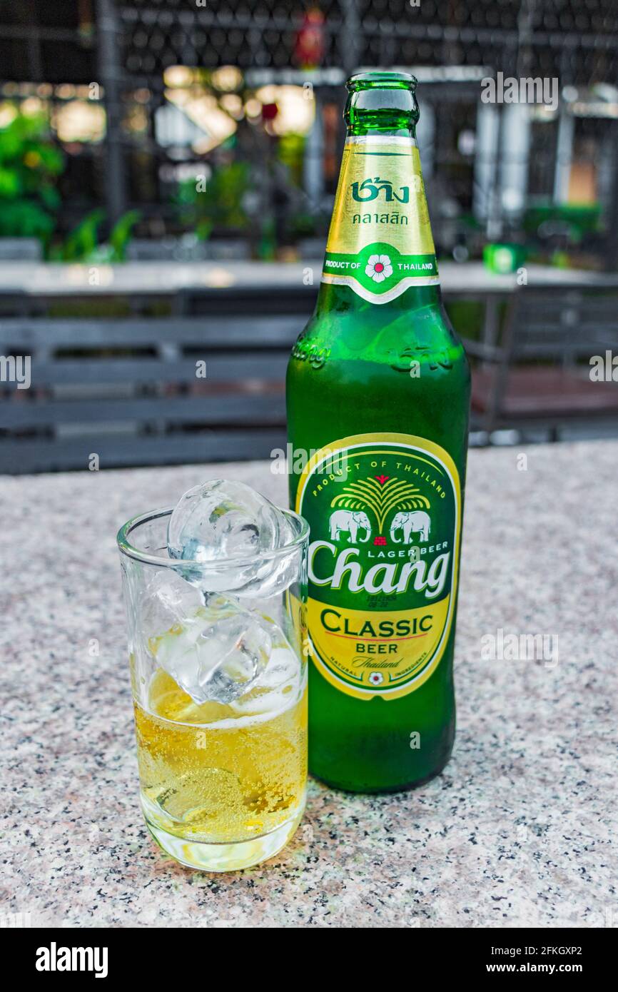 Thai Chang Beer Bottle And Glass With Ice Cubes Night Market Bangkok Thailand Stock Photo Alamy
