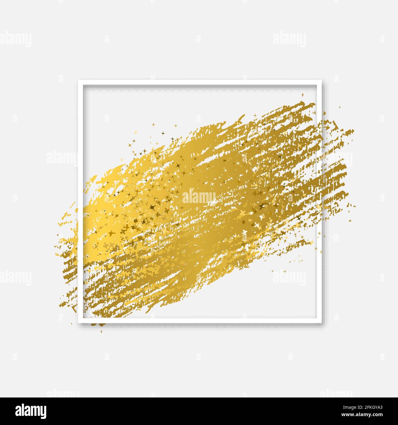 Gold brush stroke with sparkles in white square frame. Modern abstract ...