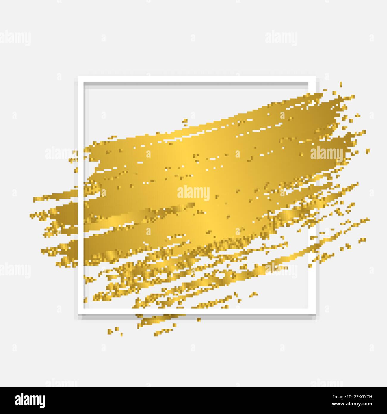 Gold brush stroke with sparkles in white square frame. Modern abstract ...