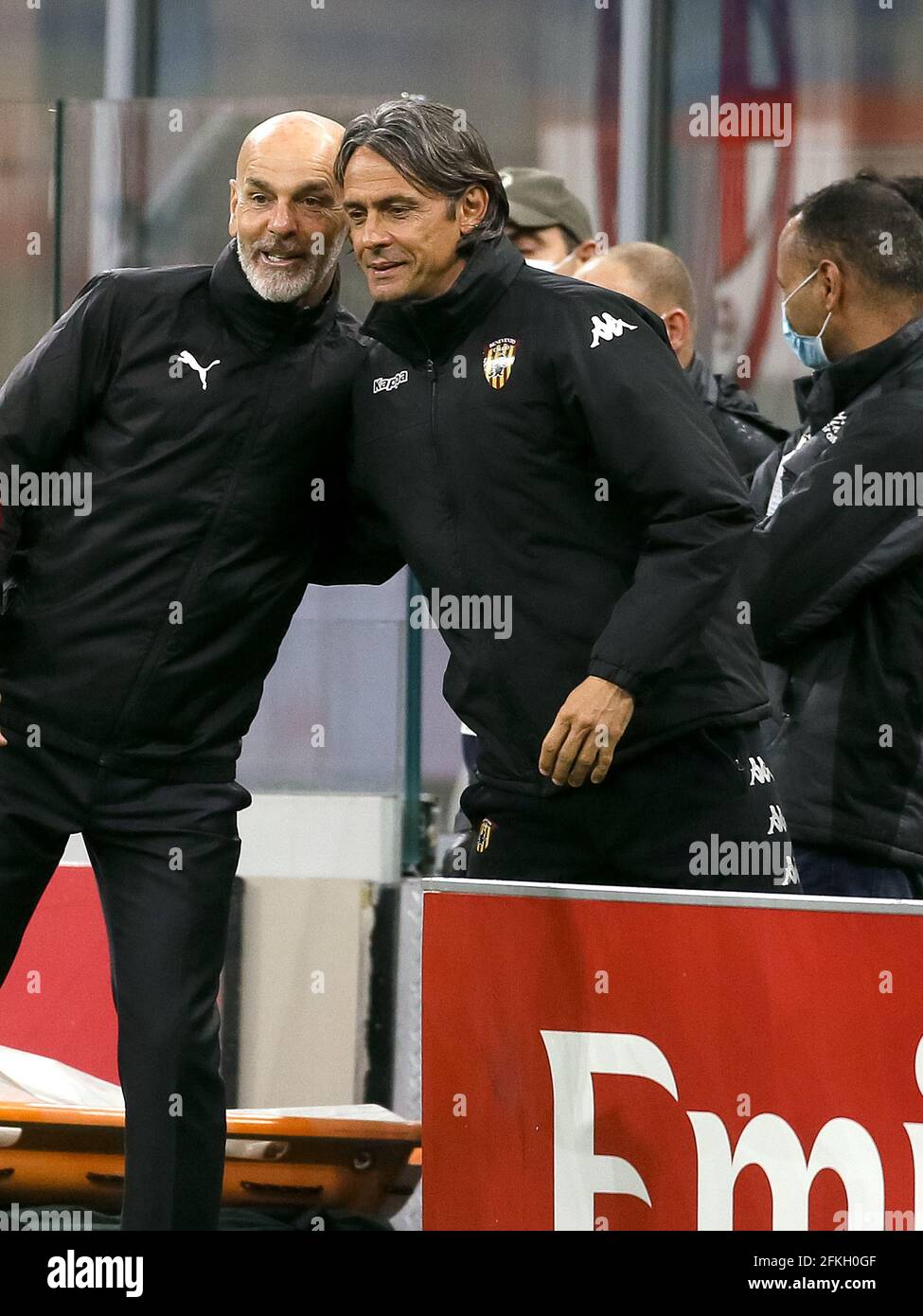 MILAN, ITALY - MAY 1: coach Stefano Pioli of AC Milan and coach Filippo Inzaghi of Benevento during the Serie A match between AC Milan and Benevento at Stadio Giuseppe Meazza on May 1, 2021 in Milan, Italy (Photo by Ciro Santangelo/Orange Pictures) Stock Photo